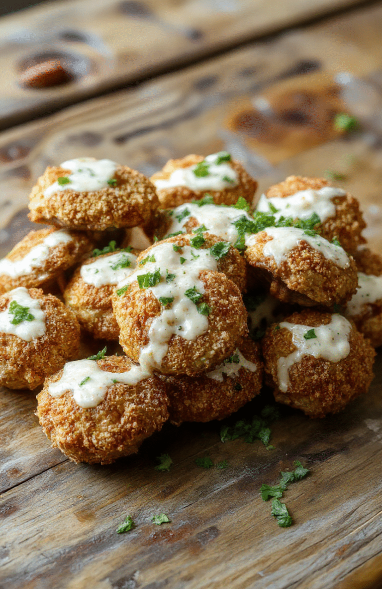 A close-up shot of golden brown crispy ranch mushrooms arranged on a white plate. The mushrooms have a crispy coating with visible ranch seasoning flecks. The background features a rustic wooden table with a hint of green herbs for garnish, styled simply for a casual yet appetizing presentation.