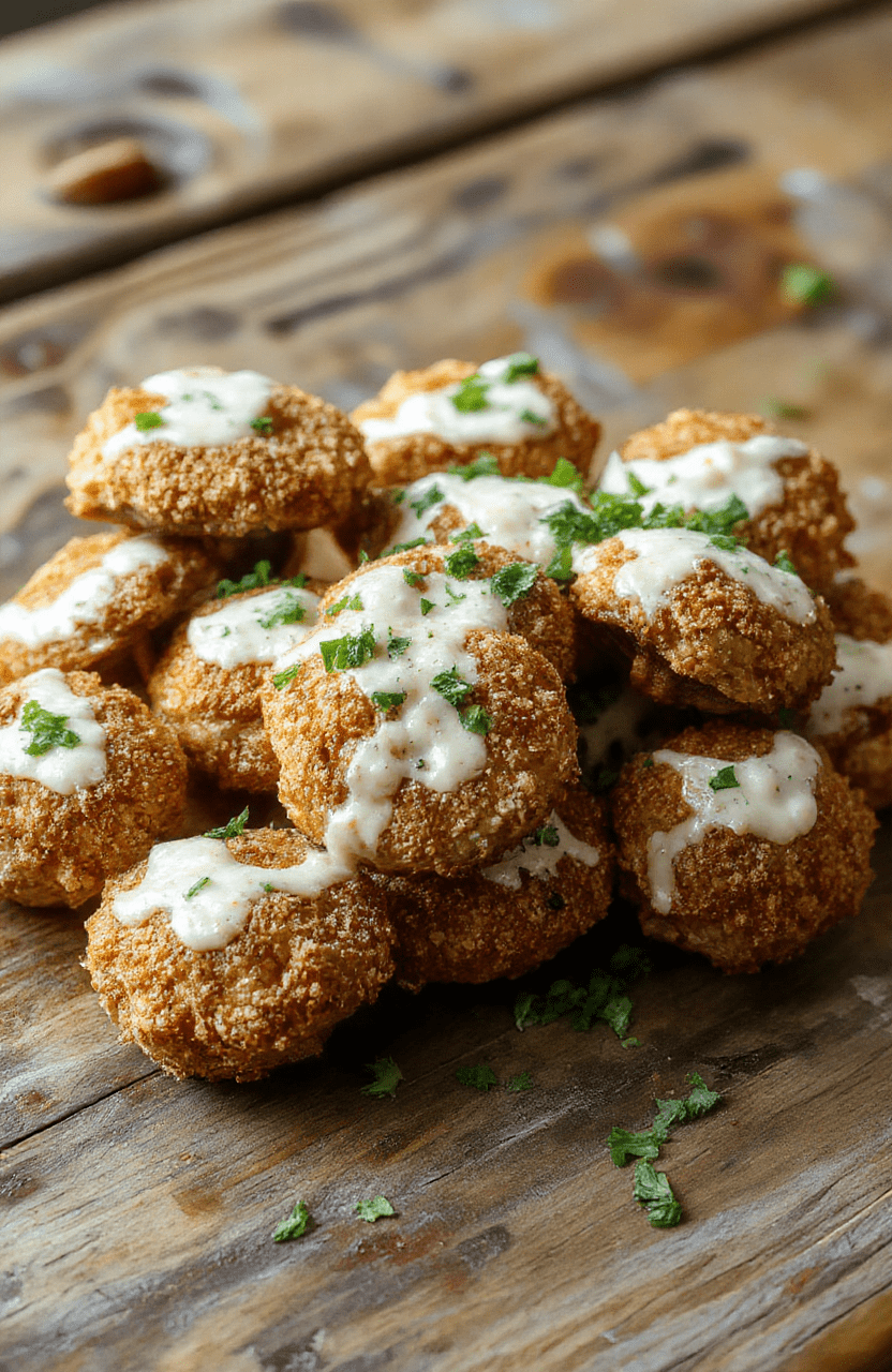 A close-up shot of golden brown crispy ranch mushrooms arranged on a white plate. The mushrooms have a crispy coating with visible ranch seasoning flecks. The background features a rustic wooden table with a hint of green herbs for garnish, styled simply for a casual yet appetizing presentation.