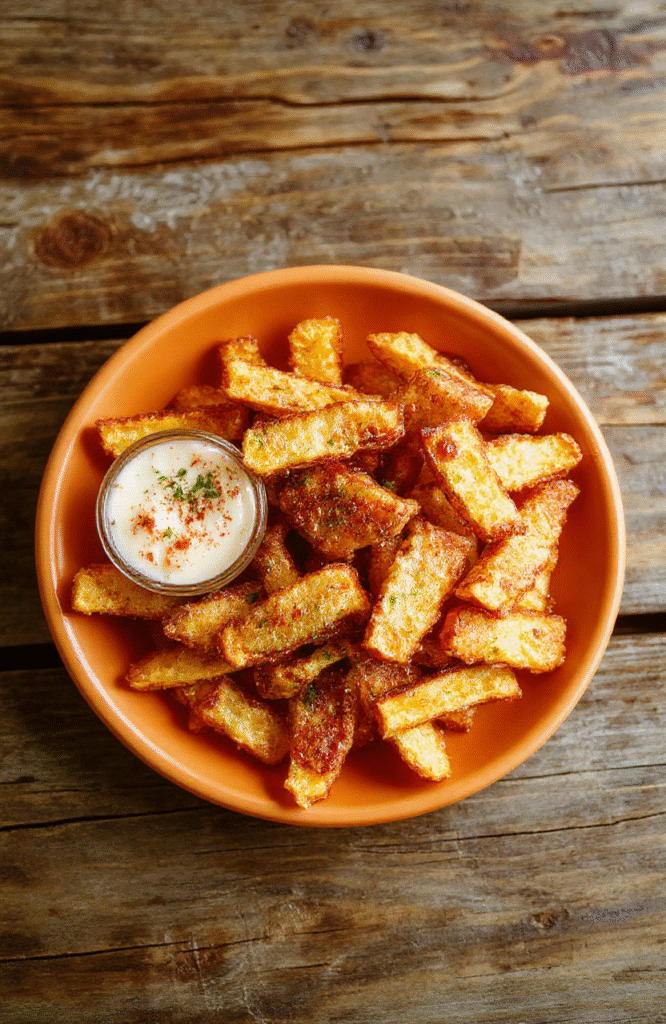 A vibrant orange plate filled with crispy, golden-brown sweet potato fries arranged neatly, garnished with a sprinkle of fresh herbs, placed on a rustic wooden table with a soft natural light highlighting their crunchy texture and inviting appearance.