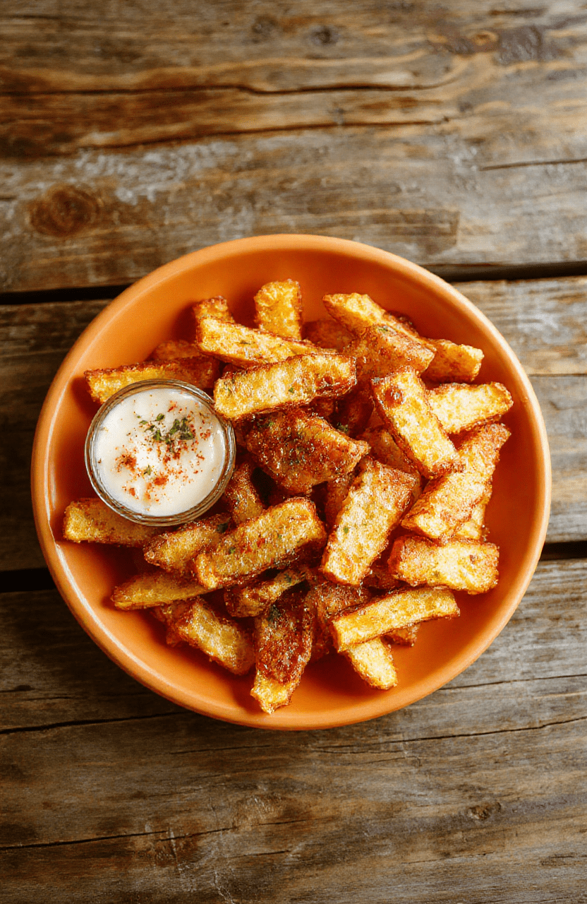 A vibrant orange plate filled with crispy, golden-brown sweet potato fries arranged neatly, garnished with a sprinkle of fresh herbs, placed on a rustic wooden table with a soft natural light highlighting their crunchy texture and inviting appearance.