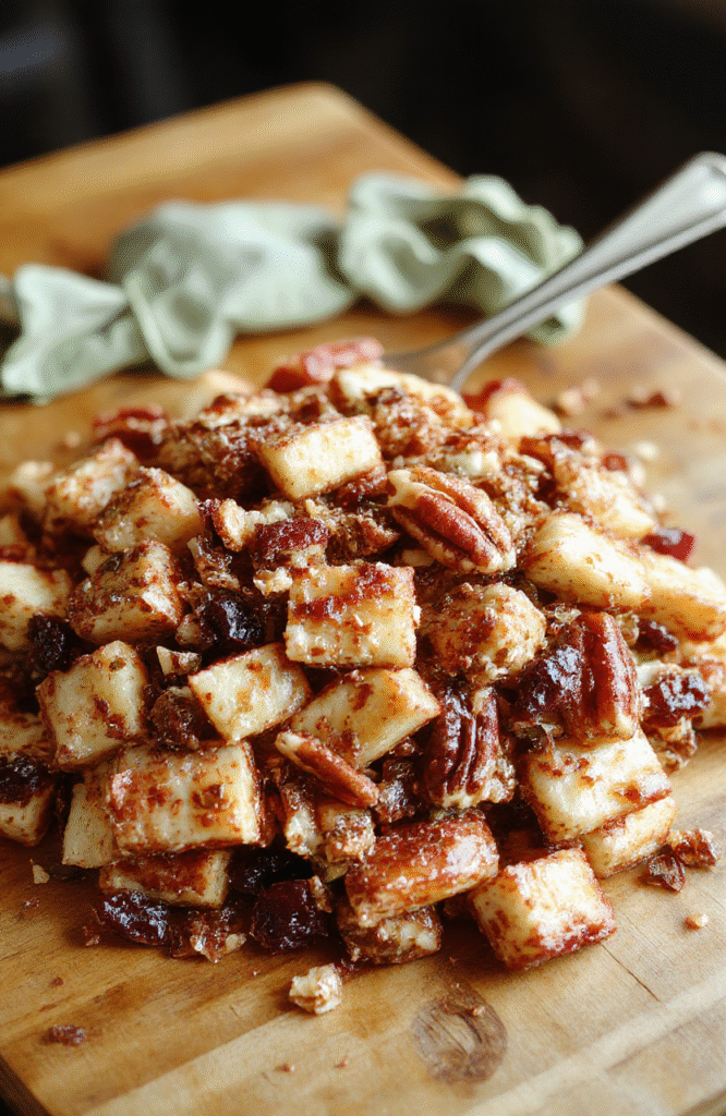 A vibrant bowl of crunchy apple cranberry pecan salad showcasing red and green apple slices, tart cranberries, crunchy pecans, dressed with a light vinaigrette, atop a rustic wooden table with fall-themed decor, highlighting textures and colorful ingredients.