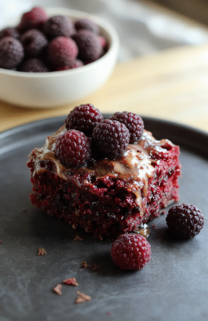 A rich, dark blackberry cake with a glossy black topping, layered and decorated with fresh blackberries and edible flowers on a sleek black plate, styled for a gothic aesthetic. The textures of the cake are moist and tender, contrasting with the shiny fruit glaze. The scene is set against a dark backdrop with minimalistic monochrome props, emphasizing the decadent dessert's elegance and goth vibe.
