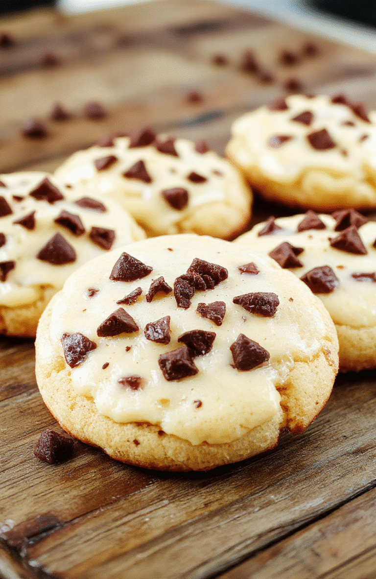 A close-up of golden-brown cheesecake cookies with a creamy filling visible, arranged on a rustic wooden plate. The cookies have a crumbly texture with swirls of creamy cheese filling, topped with a sprinkle of crushed graham crackers and a drizzle of glaze, styled casually with natural lighting to highlight their rich textures and enticing appearance.