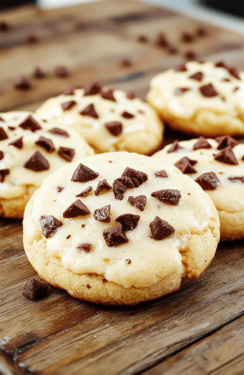 A close-up of golden-brown cheesecake cookies with a creamy filling visible, arranged on a rustic wooden plate. The cookies have a crumbly texture with swirls of creamy cheese filling, topped with a sprinkle of crushed graham crackers and a drizzle of glaze, styled casually with natural lighting to highlight their rich textures and enticing appearance.