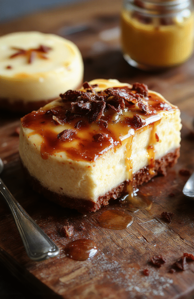 A creamy cheesecake topped with golden brown butter drizzle and vanilla bean specks, artfully plated on a rustic wooden board with a soft focus background.
