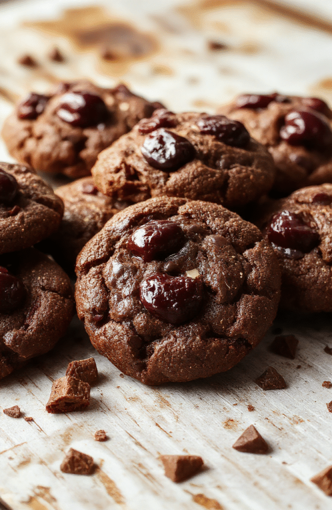 A plate of rich, dark chocolate cherry cookies with glossy cherry pieces and a dusting of powdered sugar, styled on a rustic wooden surface with subtle holiday decorations, highlighting the luscious cherries and velvety chocolate textures.