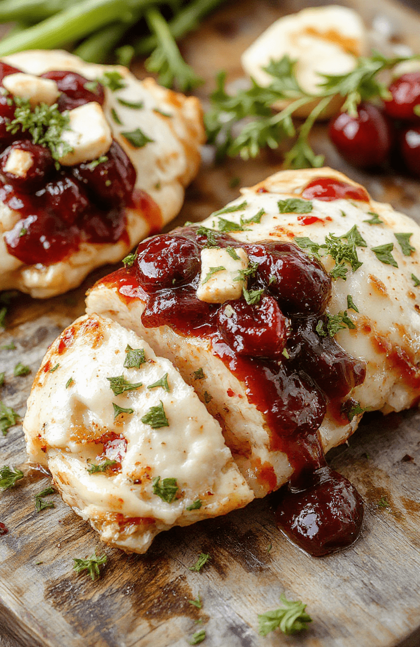 A close-up of a beautifully plated chicken breast topped with melted brie cheese, vibrant red cranberries, and fresh green herbs on a rustic wooden table, with a creamy sauce drizzled around, garnished with sprigs of thyme, colorful cranberries, and a slice of cheese, showcasing rich textures and festive colors.