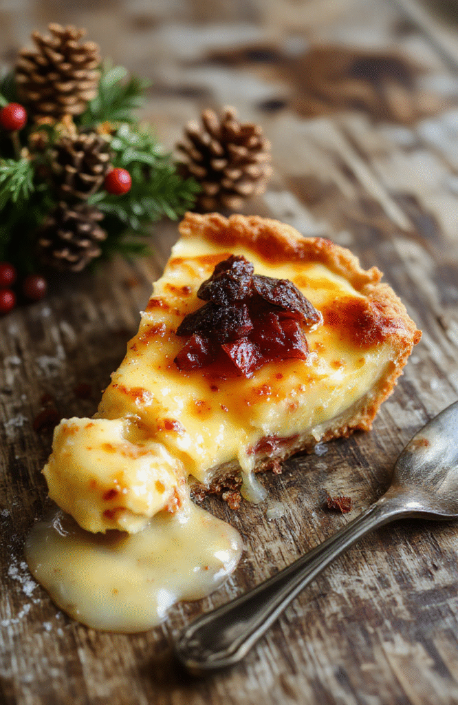A slice of golden-brown custard pie with a flaky crust, topped with a dollop of whipped cream and a sprig of mint on a rustic wooden plate, surrounded by ingredients like eggs, vanilla, and nutmeg, with a warm, inviting background.