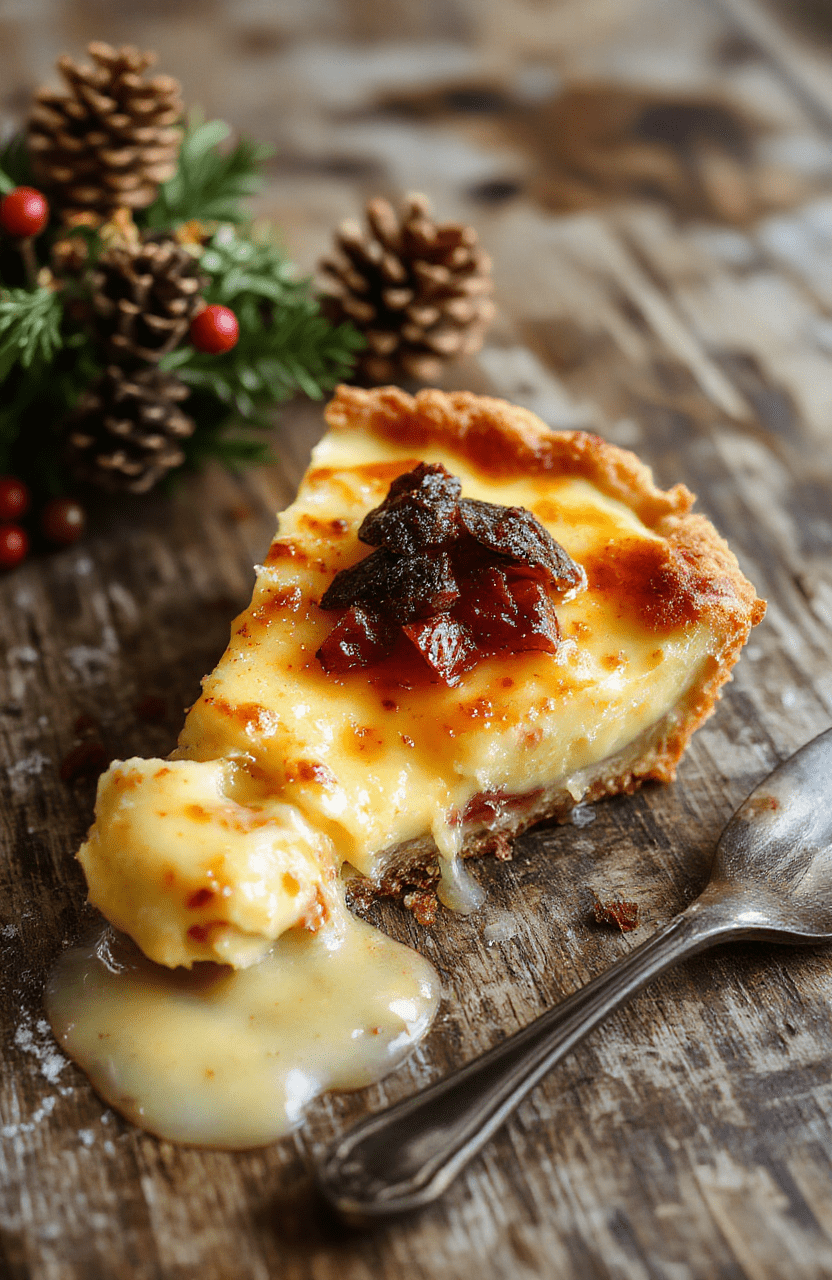 A slice of golden-brown custard pie with a flaky crust, topped with a dollop of whipped cream and a sprig of mint on a rustic wooden plate, surrounded by ingredients like eggs, vanilla, and nutmeg, with a warm, inviting background.
