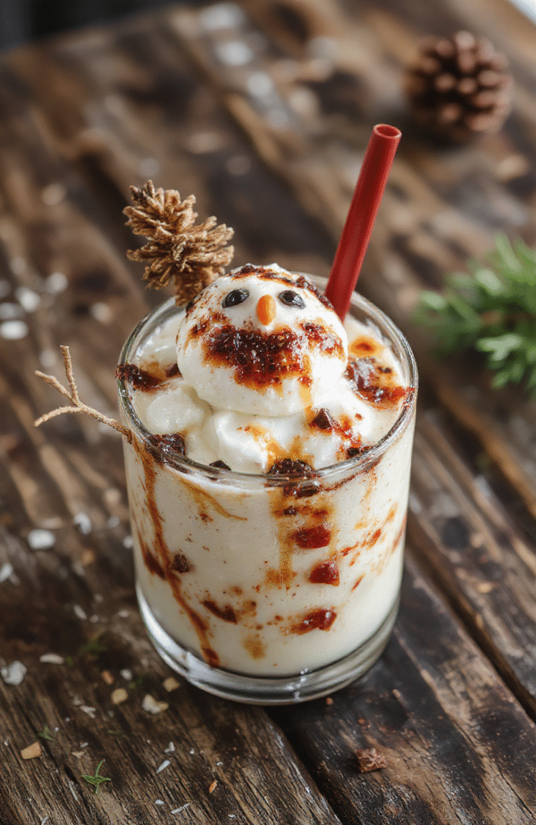 A vibrant, creamy snowman-shaped cocktail garnished with chocolate and peppermint, served in a clear glass with festive decorations, topped with whipped cream and colorful sprinkles, set against a cozy holiday backdrop with warm lighting and seasonal ornaments.