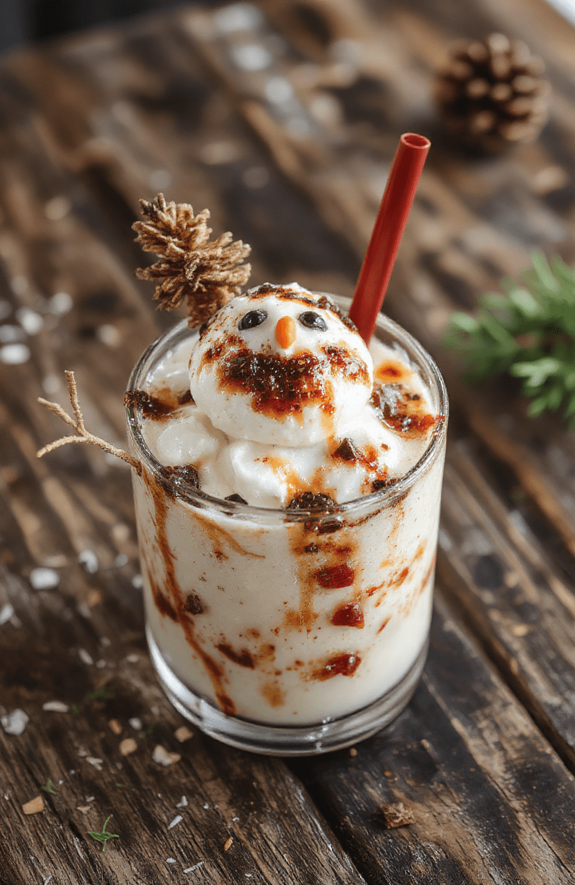 A vibrant, creamy snowman-shaped cocktail garnished with chocolate and peppermint, served in a clear glass with festive decorations, topped with whipped cream and colorful sprinkles, set against a cozy holiday backdrop with warm lighting and seasonal ornaments.