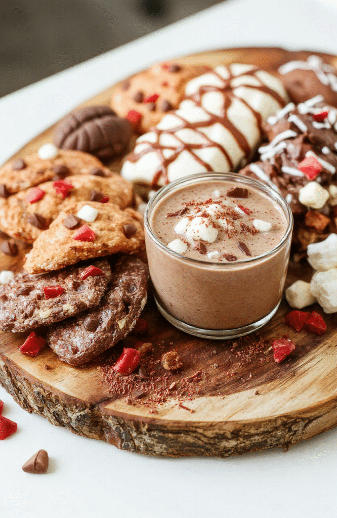 A vibrant hot chocolate board featuring rich, creamy hot chocolate in a clear glass mug topped with whipped cream and chocolate shavings. Surrounding the mug are assorted whipped toppings, peppermint sticks, marshmallows, biscotti, and colorful sprinkles arranged on a rustic wooden platter. The presentation is warm, inviting, and perfect for a festive holiday setting, with a cozy backdrop and soft lighting highlighting the textures and colors.