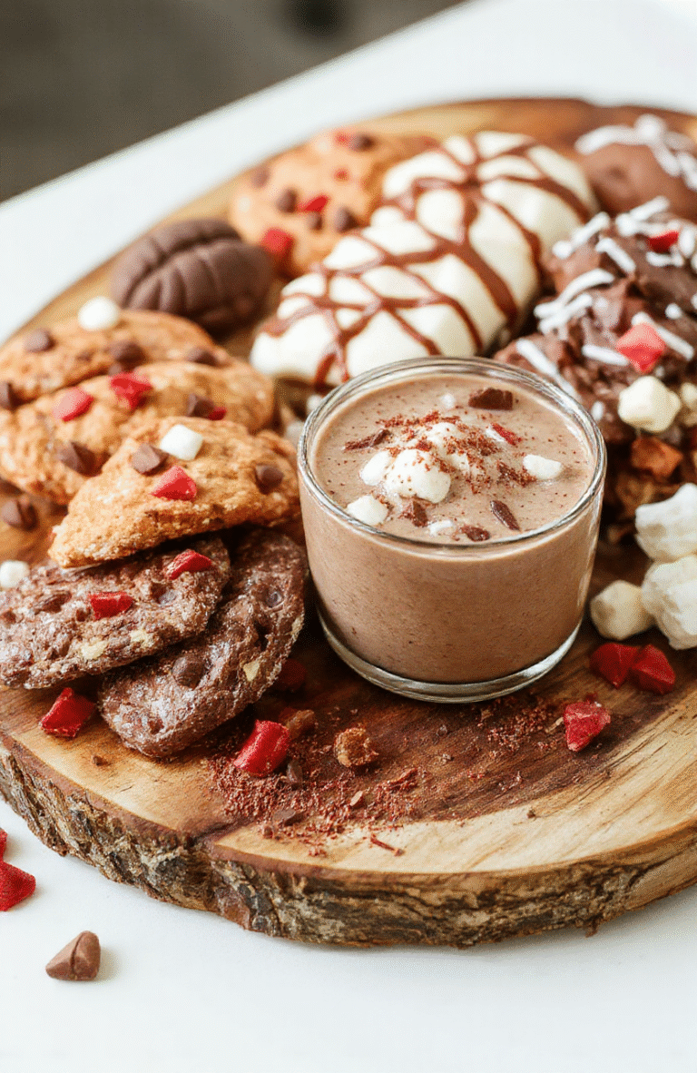 A vibrant hot chocolate board featuring rich, creamy hot chocolate in a clear glass mug topped with whipped cream and chocolate shavings. Surrounding the mug are assorted whipped toppings, peppermint sticks, marshmallows, biscotti, and colorful sprinkles arranged on a rustic wooden platter. The presentation is warm, inviting, and perfect for a festive holiday setting, with a cozy backdrop and soft lighting highlighting the textures and colors.