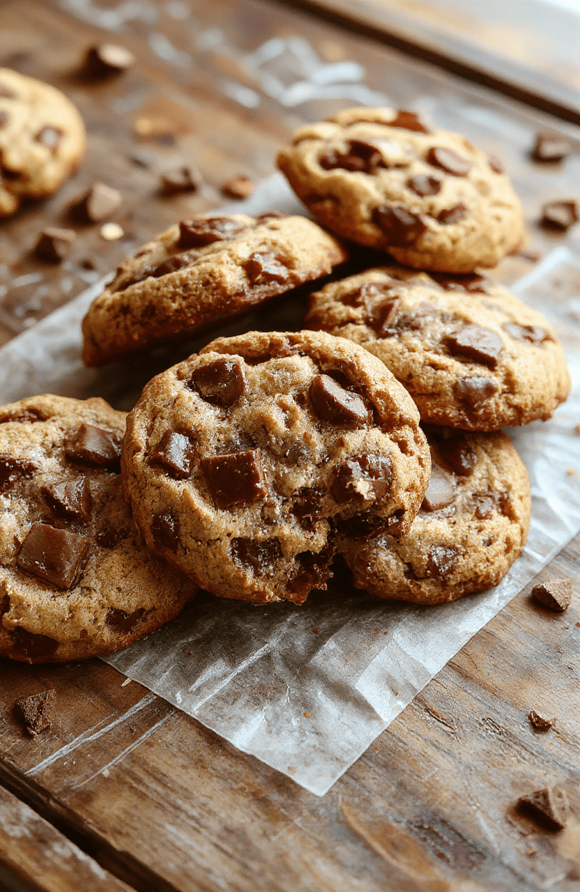 A rustic wooden table with a plate of golden-brown cowboy cookies filled with chocolate chips and nuts, steam rising slightly, styled casually with a fork next to the plate, natural light highlighting the chewy texture and melty chocolate, inviting and warm atmosphere.