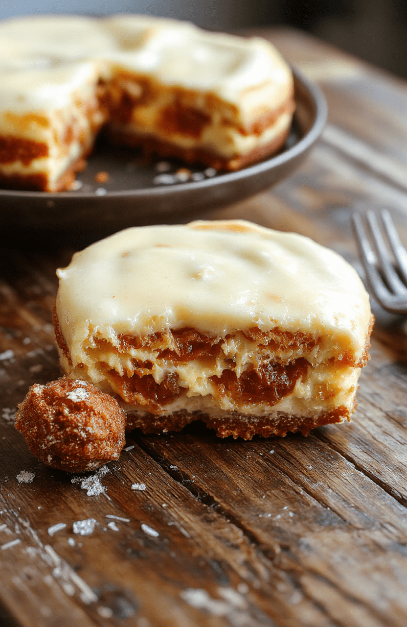 A luscious slice of churro cheesecake on a decorative plate, topped with cinnamon sugar and drizzled with caramel sauce, with a crispy churro stick beside it. The dessert showcases a creamy filling with a golden-brown crust, styled elegantly on a rustic wooden table with a soft-focus background highlighting the warm tones and inviting textures.