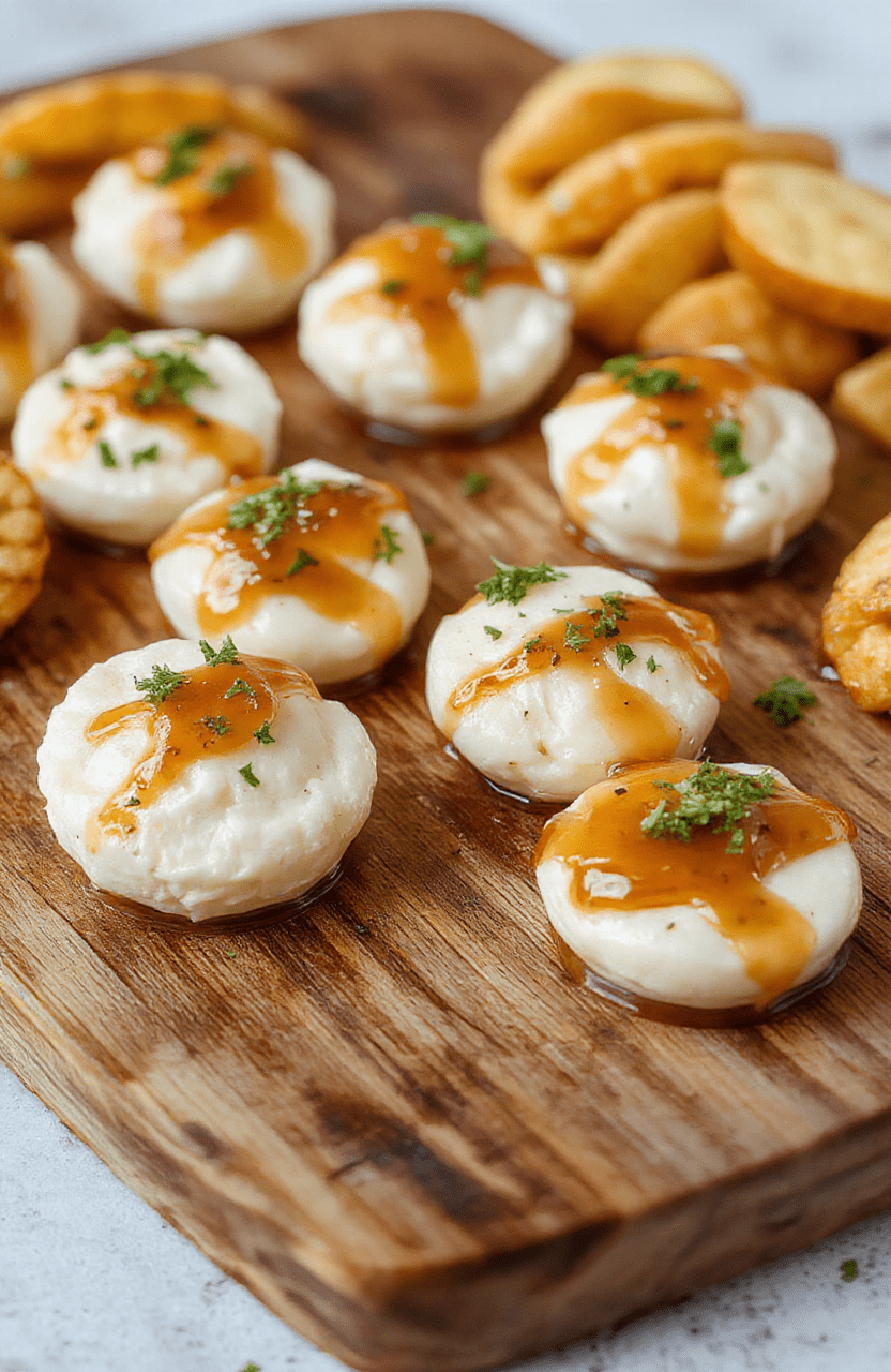 A close-up of three elegant goat cheese honey bites on a rustic wooden platter. Each bite features a creamy goat cheese dollop topped with golden honey and garnished with fresh thyme. The bites are arranged artfully, with soft natural light highlighting their creamy texture and glossy honey drizzle, creating a warm, inviting scene perfect for appetizers.
