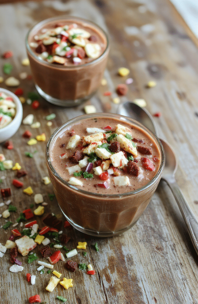 A cozy hot chocolate bar setup featuring a variety of rich melted chocolates, colorful marshmallows, sprinkles, and toppings displayed on a rustic wooden table with festive decorations, inviting and warm ambiance.