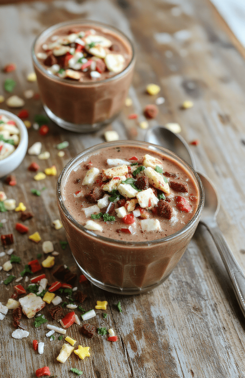 A cozy hot chocolate bar setup featuring a variety of rich melted chocolates, colorful marshmallows, sprinkles, and toppings displayed on a rustic wooden table with festive decorations, inviting and warm ambiance.