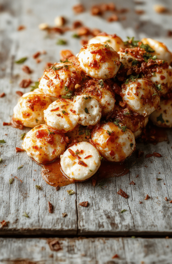 Golden brown mozzarella bites arranged on a white plate with a side of marinara sauce, crispy exterior, gooey melted cheese inside, garnished with fresh basil leaves, styled with a rustic wooden background and vibrant natural lighting.