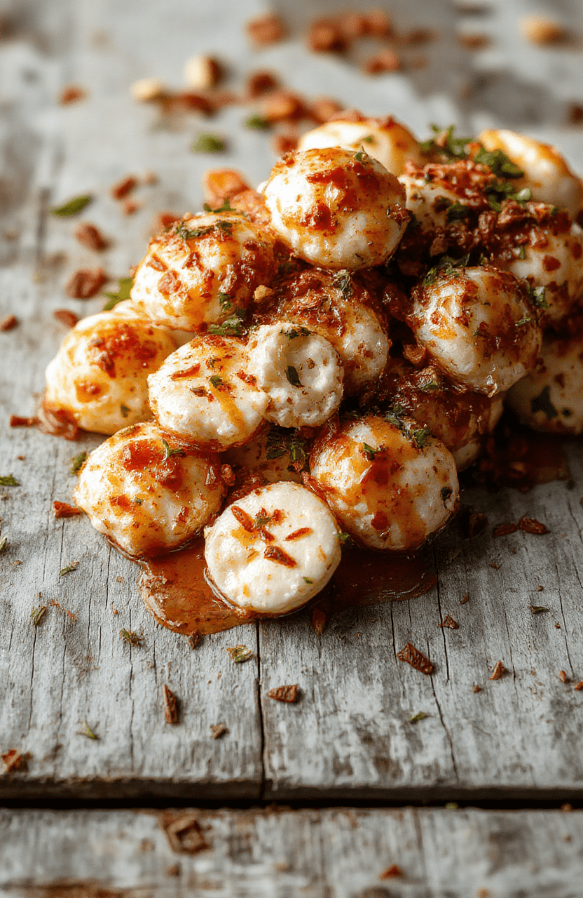 Golden brown mozzarella bites arranged on a white plate with a side of marinara sauce, crispy exterior, gooey melted cheese inside, garnished with fresh basil leaves, styled with a rustic wooden background and vibrant natural lighting.
