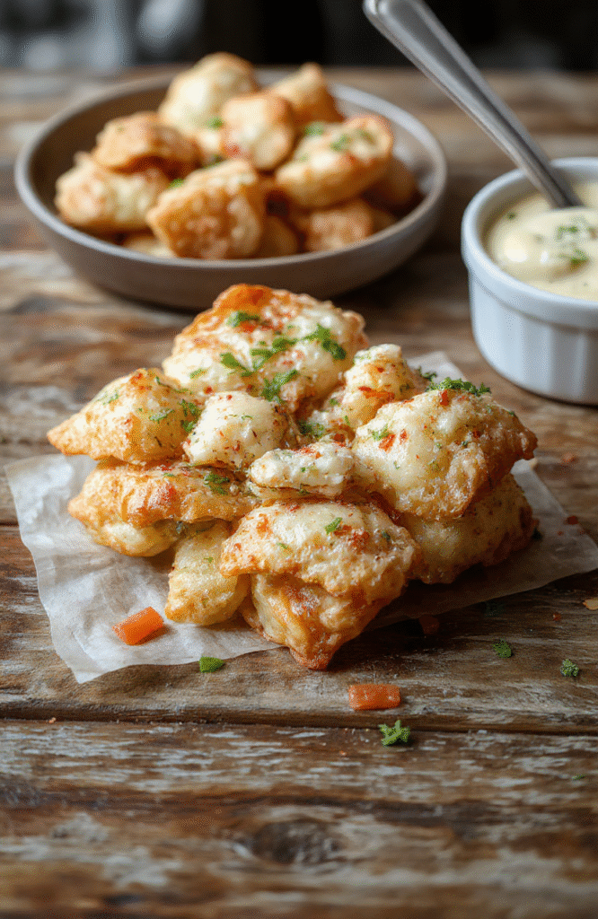 Golden crispy crab rangoon arranged on a white plate, filled with creamy crab mixture, garnished with green onions, styled with a textured wooden background, vibrant and appetizing