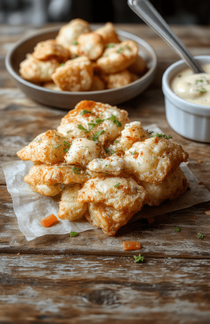 Golden crispy crab rangoon arranged on a white plate, filled with creamy crab mixture, garnished with green onions, styled with a textured wooden background, vibrant and appetizing