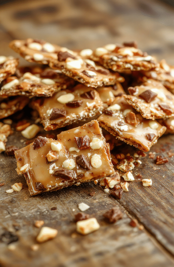 A rectangular piece of golden-brown cracker toffee topped with glossy caramel and sprinkled with chopped nuts, arranged on a rustic wooden cutting board with a sharp knife, vibrant lighting highlighting the shiny caramel surface and crunchy cracker layers, styled simply for a cozy holiday vibe.