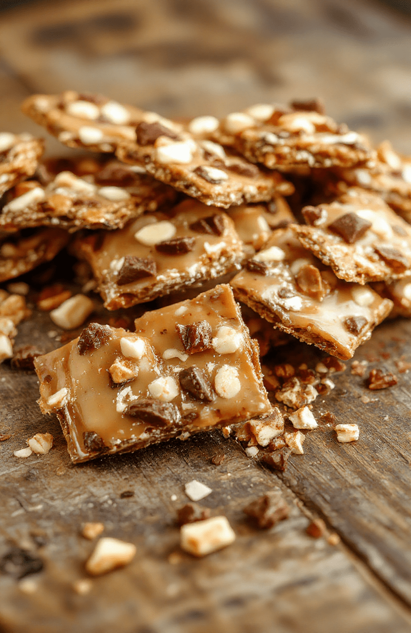 A rectangular piece of golden-brown cracker toffee topped with glossy caramel and sprinkled with chopped nuts, arranged on a rustic wooden cutting board with a sharp knife, vibrant lighting highlighting the shiny caramel surface and crunchy cracker layers, styled simply for a cozy holiday vibe.