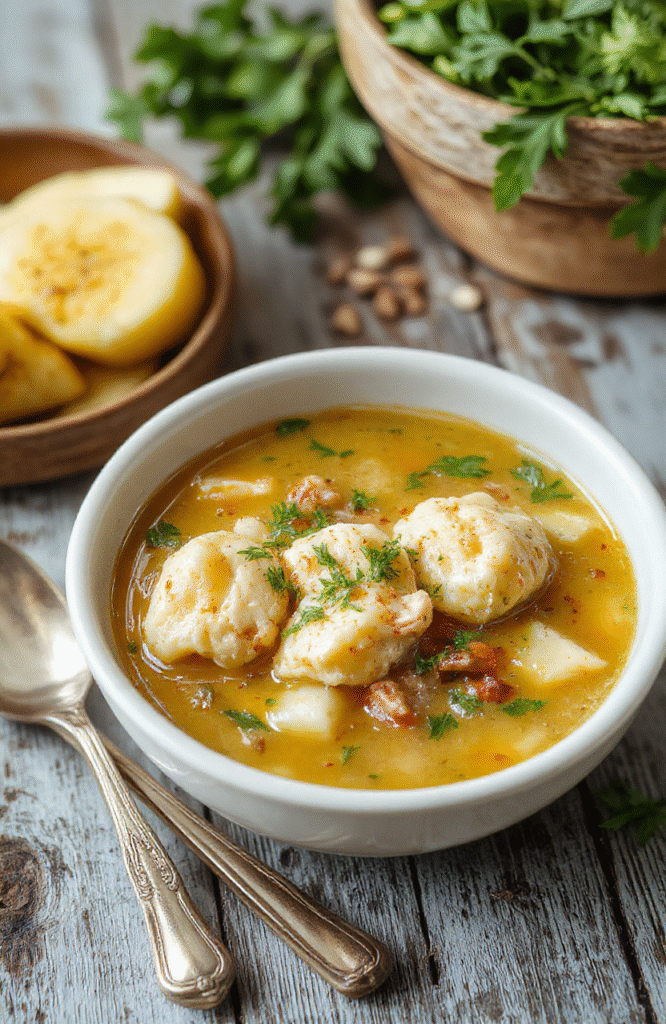 A steaming bowl of hearty chicken dumpling soup with golden dumplings, tender shredded chicken, fresh herbs, and vibrant vegetables, placed on a rustic wooden table with a colorful cloth napkin, inviting and warm in appearance.