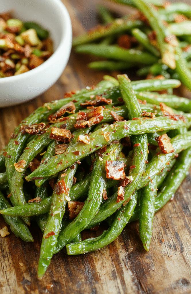 vibrant green beans coated in crispy golden breadcrumbs and crispy bacon bits, served on a white dish with a rustic wooden background, showcasing a glossy and textured surface with steam rising slightly, styled simply for an appetizing look