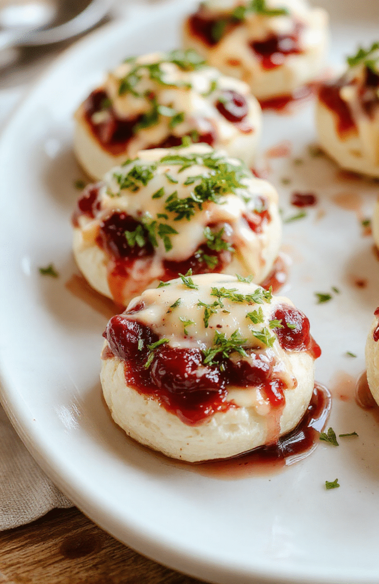 A close-up of golden puff pastry cups filled with melted brie cheese, topped with vibrant red fresh cranberries and a drizzle of honey, arranged on a white platter with sprigs of thyme, styled for a festive holiday setting with soft natural lighting, showcasing the creamy textures and colorful ingredients.