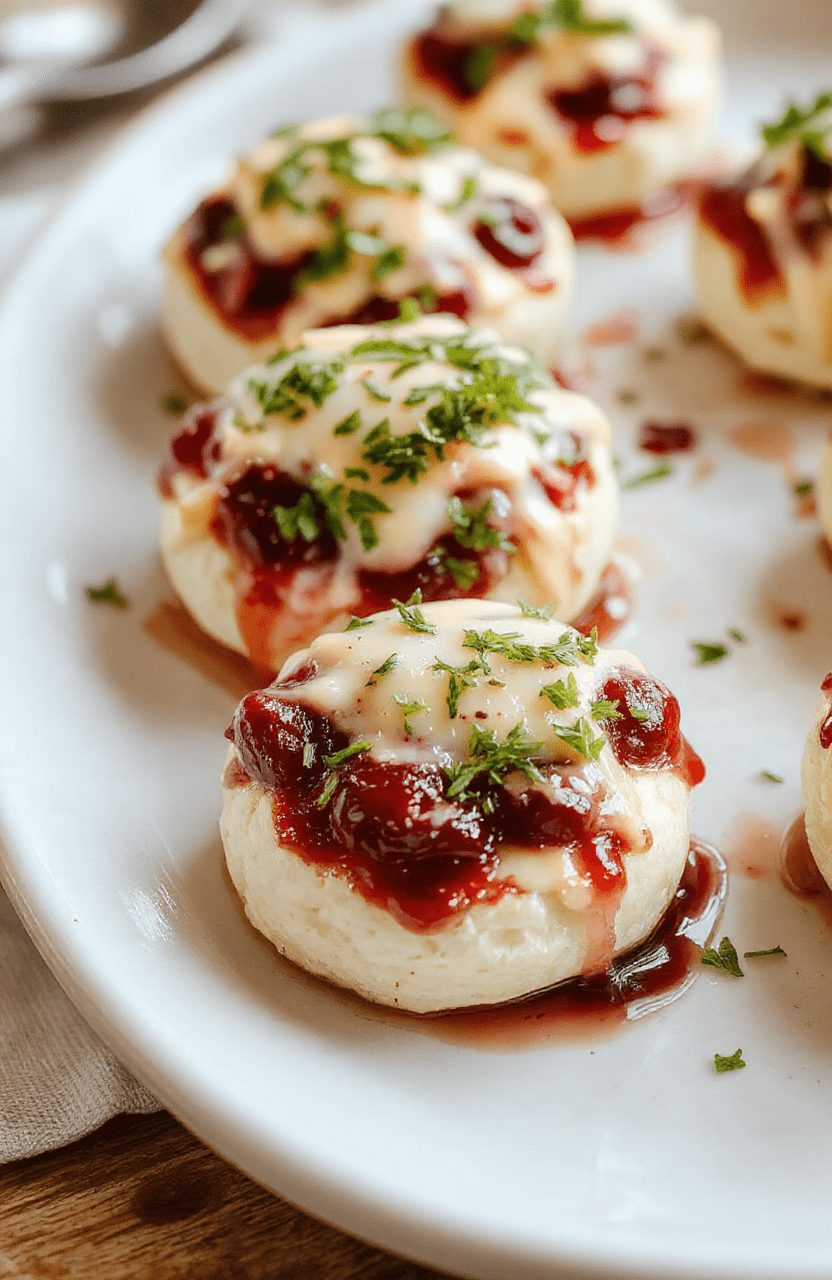 A close-up of golden puff pastry cups filled with melted brie cheese, topped with vibrant red fresh cranberries and a drizzle of honey, arranged on a white platter with sprigs of thyme, styled for a festive holiday setting with soft natural lighting, showcasing the creamy textures and colorful ingredients.