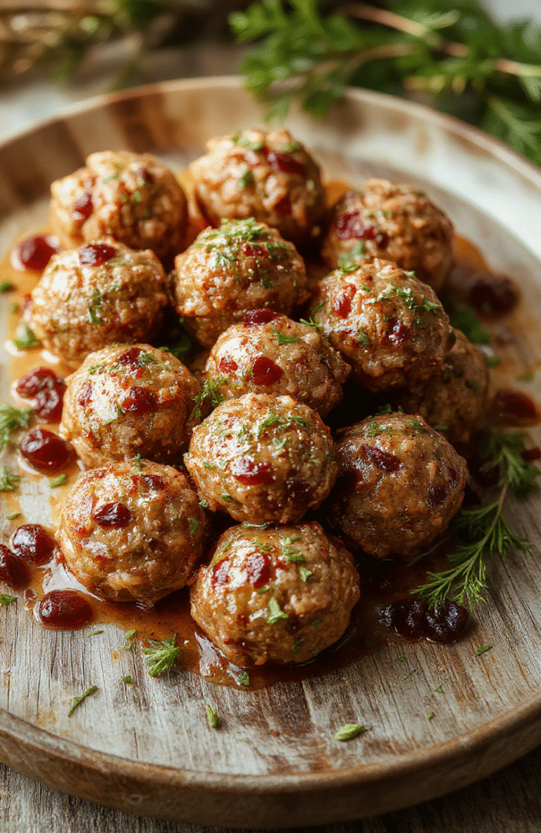 Vibrant red cranberry glazed meatballs garnished with fresh herbs served on a white platter, with a holiday-themed background featuring pinecones and fairy lights, showcasing the glossy sauce and juicy meatball textures.