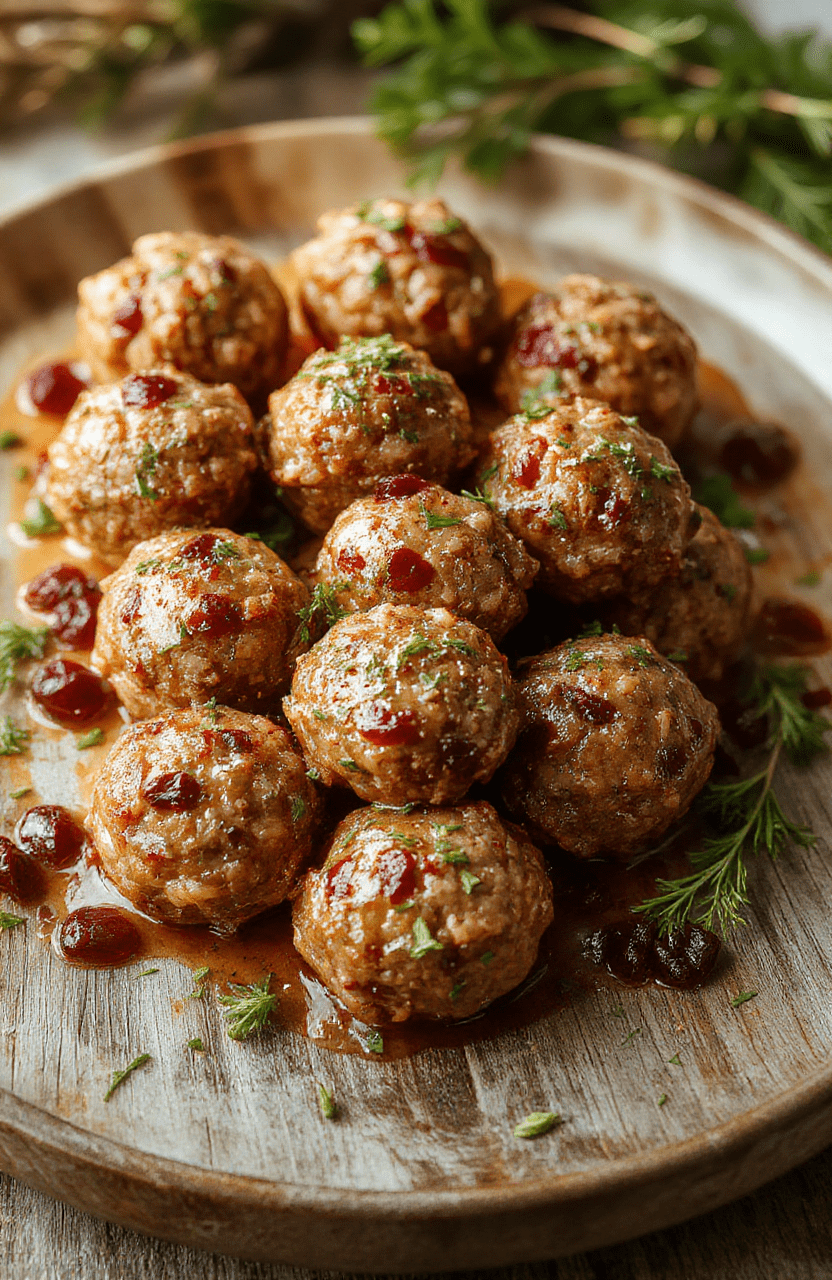 Vibrant red cranberry glazed meatballs garnished with fresh herbs served on a white platter, with a holiday-themed background featuring pinecones and fairy lights, showcasing the glossy sauce and juicy meatball textures.