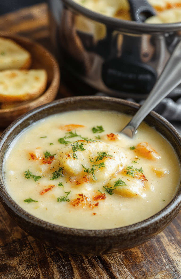 A steaming bowl of creamy potato soup garnished with chopped herbs, sitting on a rustic wooden table with a neutral background, showcasing velvety texture and vibrant green herbs for contrast.
