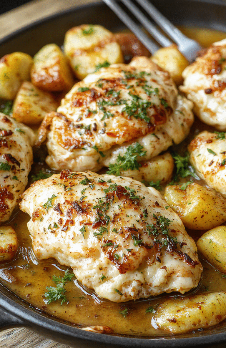 A colorful plate featuring golden-brown roasted chicken pieces topped with grated Parmesan and fresh parsley, alongside crispy roasted potatoes with a light garlic glaze, all arranged on a rustic white plate. The dish glistens with a hint of seasoning, with steam rising, set on a warm wooden table with natural daylight highlighting textures and vibrant colors.