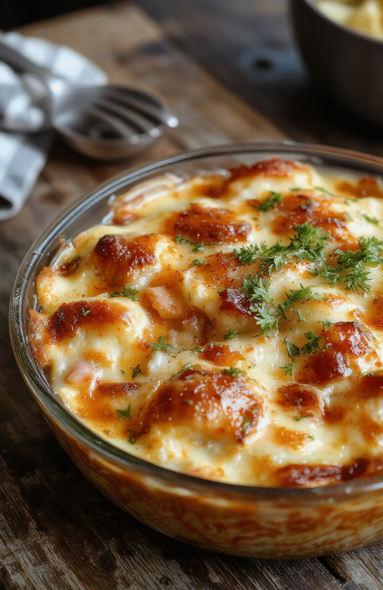 A colorful baked hobo casserole in a rustic ceramic dish featuring layers of savory ground beef, potatoes, vegetables, and melted cheese, garnished with fresh herbs. The casserole has a golden-brown crispy top with bubbling cheese, and the scene showcases a warm, inviting kitchen countertop with a wooden spoon and a sprig of parsley for presentation.