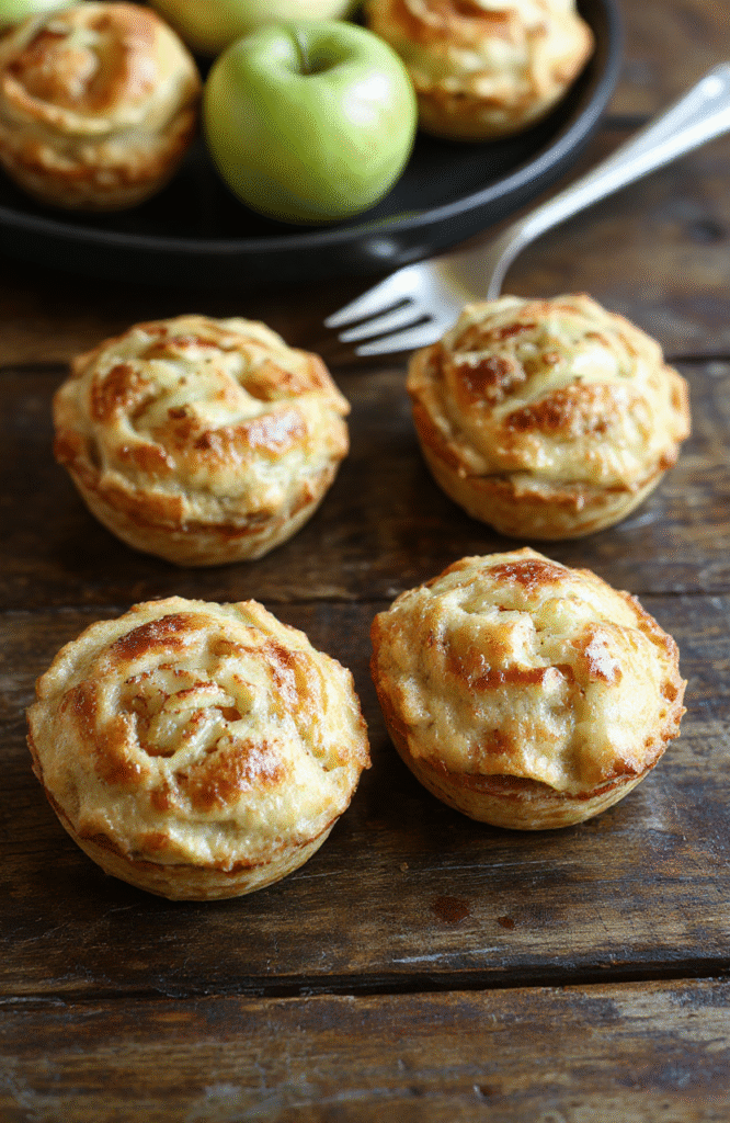 A close-up of golden-brown mini apple pies on a white plate, topped with a dusting of powdered sugar. The pies are flaky and filled with caramelized apple chunks, with a glossy glaze. The background features a rustic wooden board and a few fresh apples, with soft natural lighting highlighting the textures and warm tones of the desserts.