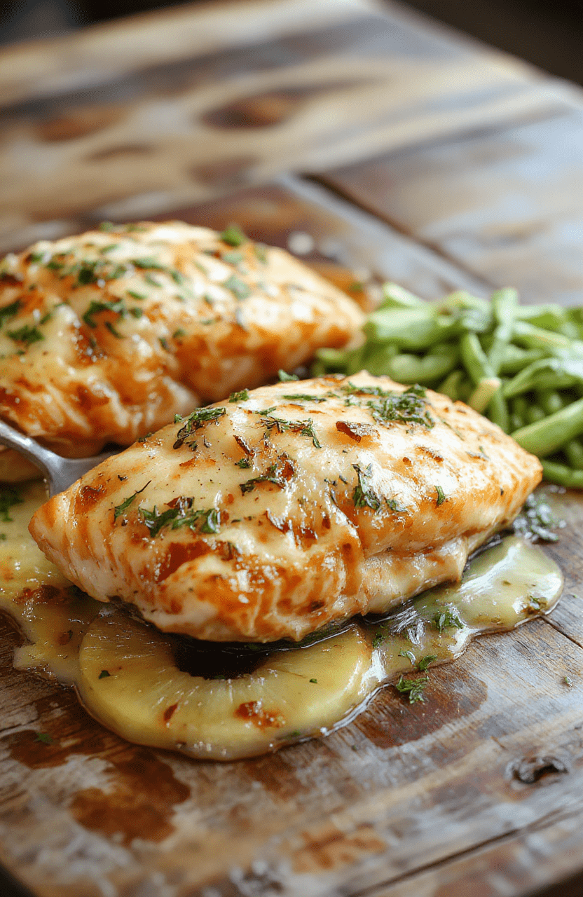Colorful baked pineapple salmon on a white ceramic plate, garnished with fresh herbs, featuring a golden glaze and juicy pineapple chunks, surrounded by vibrant vegetables and a rustic wooden table backdrop, styled simply to highlight the dish's textures and bright colors.