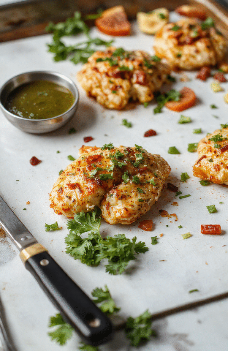 Colorful chicken fajitas arranged on a rustic white sheet pan, with vibrant red and green bell peppers, sizzling strips of seasoned chicken, garnished with fresh cilantro and lime wedges, with a slight smoky char on the edges, styled casually for an appetizing look.