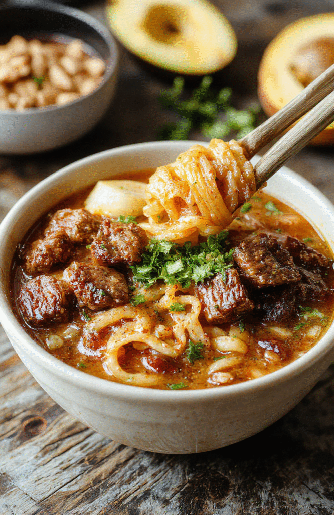 A vibrant bowl of beef ramen noodles with tender beef slices, soft boiled eggs, green onions, and rich broth, arranged artfully on a rustic wooden table with a warm, cozy ambiance.