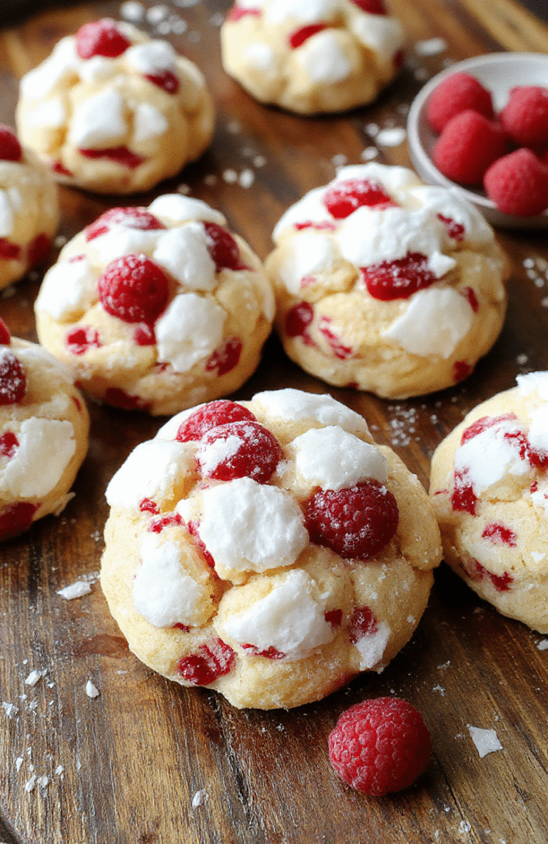 A plate of snowy, raspberry-filled cookies with a sugar coating, garnished with fresh raspberries and mint sprigs, styled on a rustic wooden table with soft, warm lighting.
