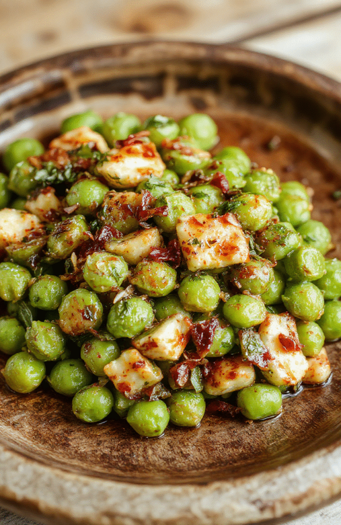 A vibrant bowl of bright green peas garnished with fresh herbs, served on a rustic wooden plate with a creamy sauce drizzle, surrounded by seasonal decorations, elegant yet simple styling, textures of plump peas and smooth sauce