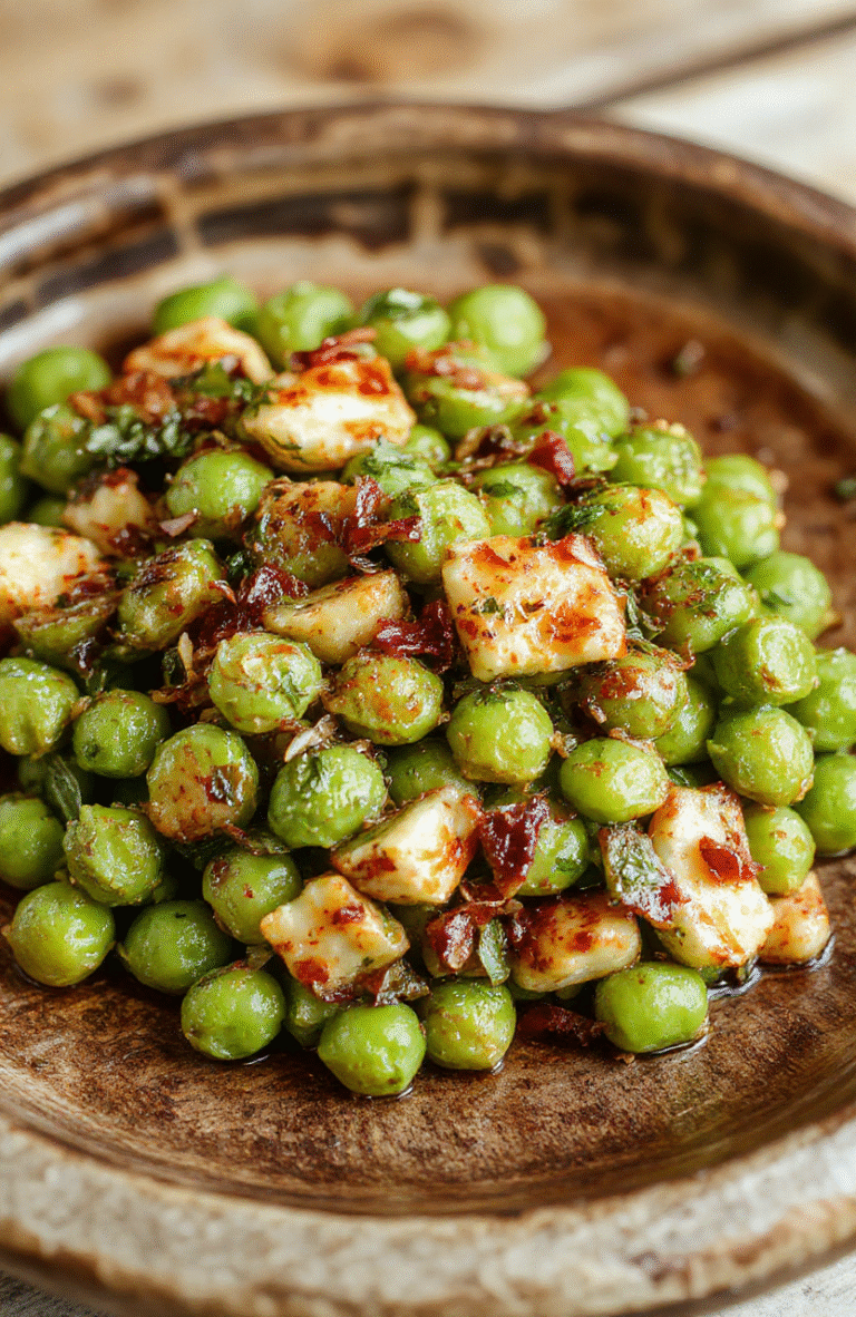 A vibrant bowl of bright green peas garnished with fresh herbs, served on a rustic wooden plate with a creamy sauce drizzle, surrounded by seasonal decorations, elegant yet simple styling, textures of plump peas and smooth sauce