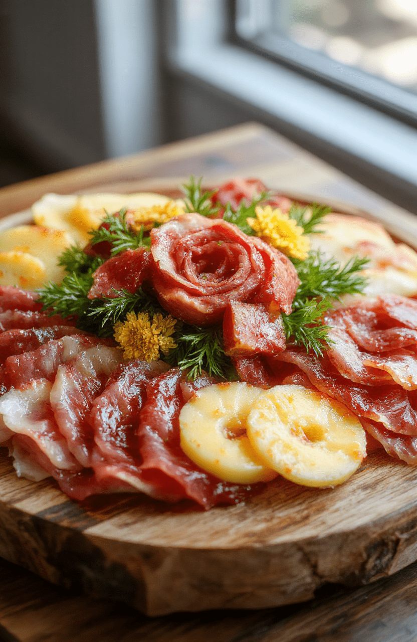 A vibrant and artistic meat flower display featuring thinly sliced cured meats arranged into delicate flower shapes on a wooden platter. The colorful meats are contrasted with fresh herbs, nuts, and cheese accents, styled in an elegant and inviting manner. The background is blurred, emphasizing the intricate meat flowers with their textures and rich colors.