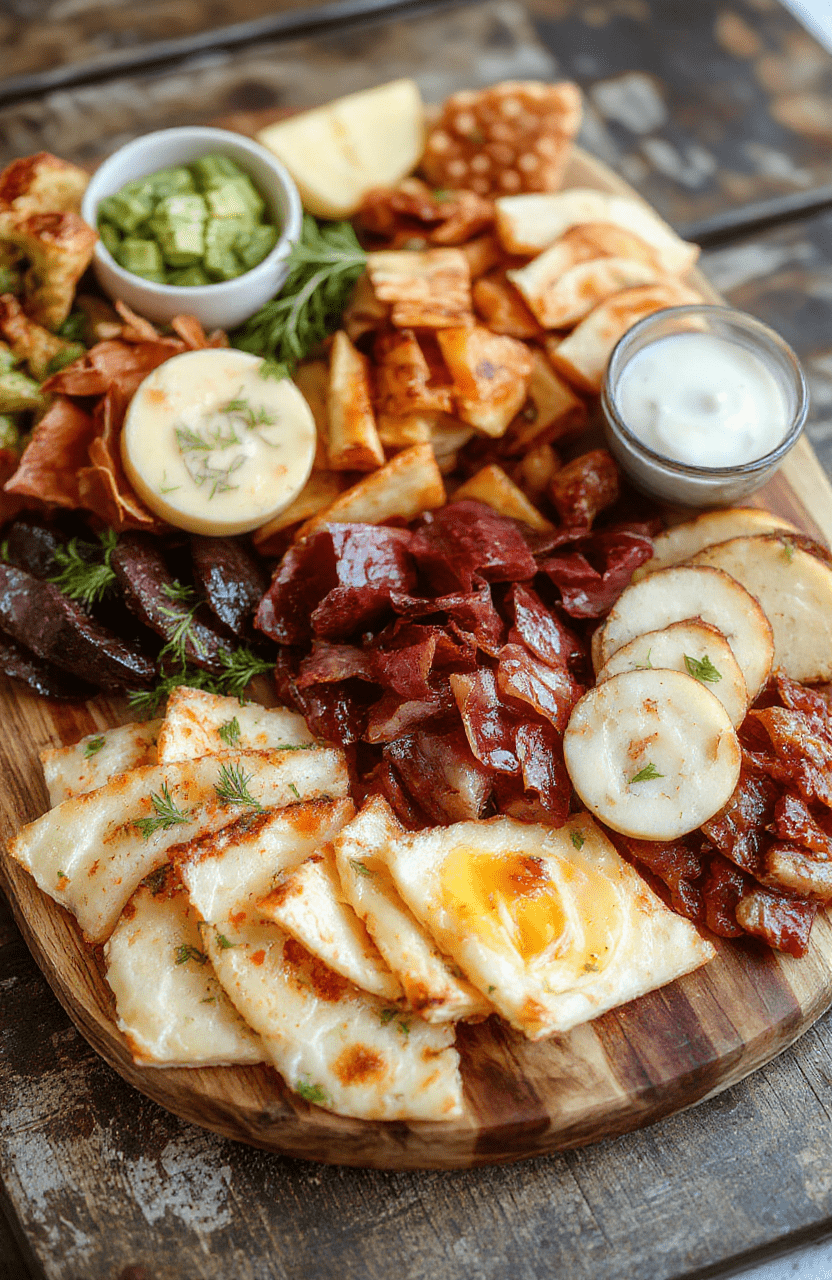 A vibrant and beautifully arranged charcuterie board featuring a variety of cheeses, cured meats, fresh fruits, nuts, and crackers. The board is styled on a rustic wooden surface with colorful garnishes, creating a visually appealing and enticing presentation perfect for parties or gatherings.