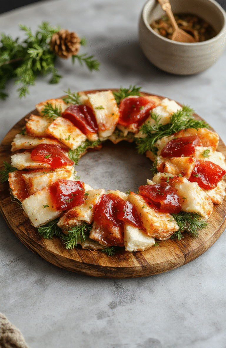 A vibrant holiday charcuterie wreath featuring an array of colorful cheeses, cured meats, fresh fruits, nuts, and festive garnishes arranged in a circular wreath shape on a rustic wooden platter, styled with pinecones and holly for a seasonal touch, with textures of creamy cheeses, glossy meats, and crisp fruits visually appealing and inviting.