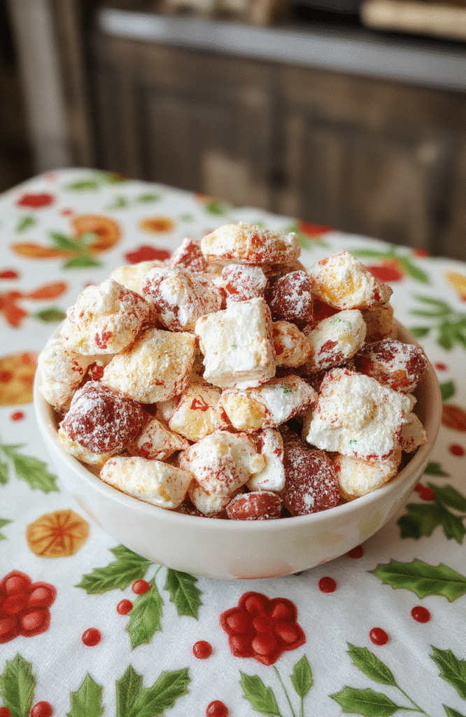 Colorful festive puppy chow in a clear glass bowl with red and green seasonal sprinkles and mini candies on a holiday-themed tablecloth, showcasing the crunchy cereal coated in shiny chocolate and sprinkles with a cozy, inviting atmosphere