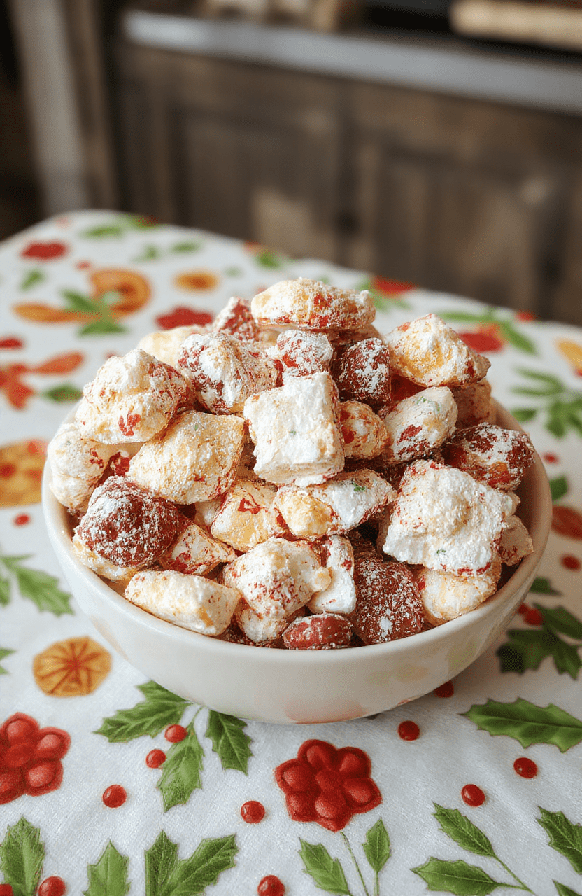 Colorful festive puppy chow in a clear glass bowl with red and green seasonal sprinkles and mini candies on a holiday-themed tablecloth, showcasing the crunchy cereal coated in shiny chocolate and sprinkles with a cozy, inviting atmosphere