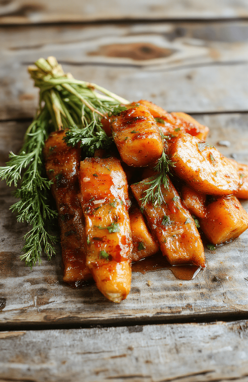 A vibrant plate of glazed carrots garnished with fresh herbs, showcasing a glossy caramelized surface, arranged neatly on a rustic white plate with a festive backdrop, highlighting their bright orange color and tender texture.